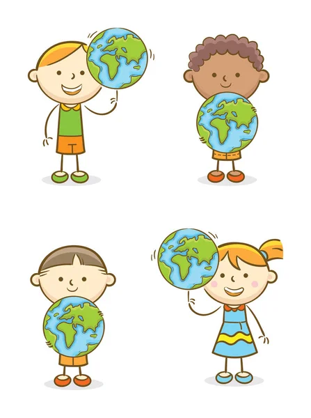 Set of Kids With Globe — Stock Vector