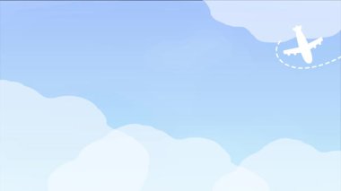 Mavi bir arka plan üzerinde uçan bir uçağın silüeti olan animasyon video çerçevesi. Döngüsel.