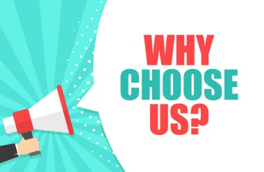 Erkek el holding megafon yüzden ile konuşma balonu seçin. Hoparlör. Banner pazarlama ve reklam iş için. Vektör çizim.