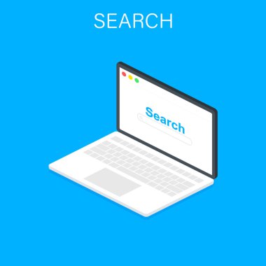 Dizüstü izometrik tarayıcı penceresi. Düz stil içinde örümcek ağı kaş. Pencere kavramı Internet tarayıcısı. Mockup ekran tasarımı. Vektör illüstrasyon kavramı.