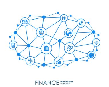 Finans mekanizması kavramı etkileşim. Grafik tasarım nokta ve çizgi sistem bağlı. Para banka, piyasa işlem için arka plan. Vektör Infograph.