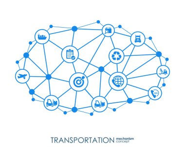 Transportation integrated interact concept. Connected graphic design dot and line system. Abstract background for traffic, navigation service. Vector Infograph. clipart