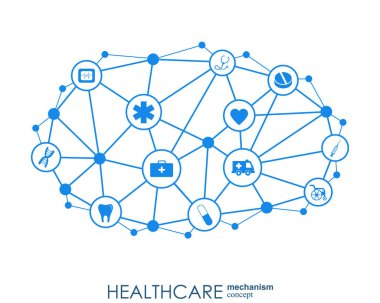 Sağlık mekanizması kavramı. Arka plan bağlı ve tıp, sağlık, strateji, bakım, tıp, ağ, sosyal medya ve genel kavramlar için simgeler. Vektör Infographic.