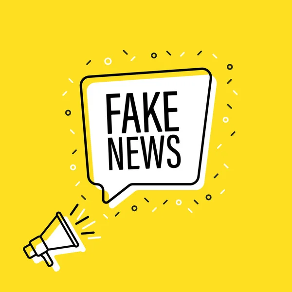 Tangan laki-laki memegang megaphone dengan Fake News gelembung pidato. Loudspeaker. Banner untuk bisnis, pemasaran dan iklan. Ilustrasi vektor . - Stok Vektor