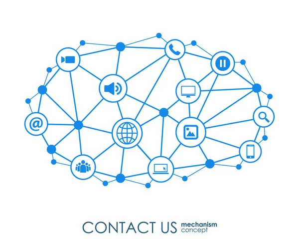 Kontaktieren Sie uns Mechanismus-Konzept. Wachstum abstrakter Hintergrund mit integrierten Metabällen, integriertem Icon für Digital, Strategie, Internet, Netzwerk, Connect, Communication, Technologie, globale Konzepte. — Stockvektor