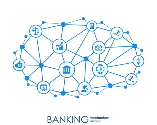 Meccanismo bancario. Sfondo astratto con ingranaggi collegati e icone piatte integrate. simboli per denaro, carta, banca, business e concetti di finanza. Illustrazione interattiva vettoriale . — Vettoriale Stock