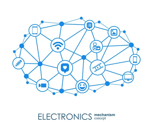 Mechanizm elektronika. Tło z połączonych biegów i Zintegrowana płaska ikony. Połączonych symboli dla monitora, telefon. Ilustracja wektorowa interaktywne. — Wektor stockowy