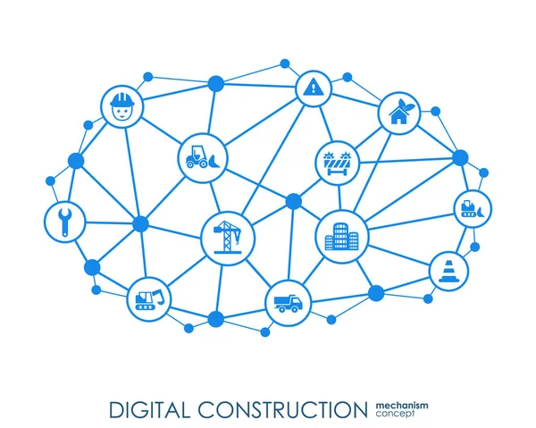 デジタル建設線、多角形、および統合されたフラット アイコンと六角形の抽象的な背景。ビルド、産業、建築、エンジニア リングの概念のシンボルを接続します。ベクトル. — ストックベクタ