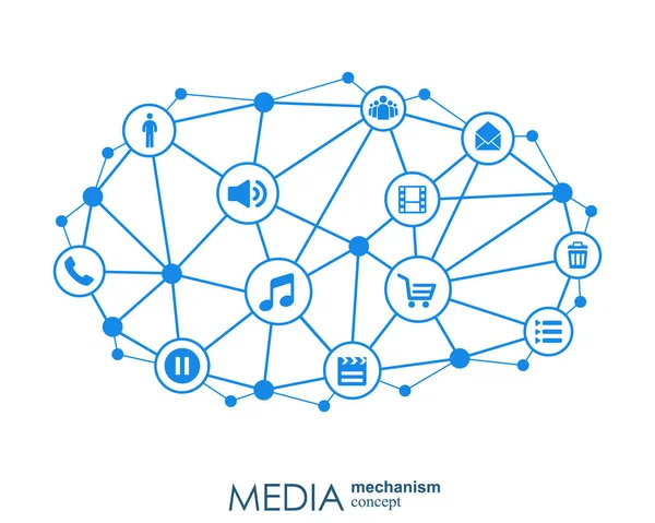 미디어 장치 개념입니다. 통합 메타 볼 성장 추상 배경, 디지털, 전략, 인터넷, 네트워크, 통합된 아이콘 연결, 통신, 기술, 글로벌 개념. — 스톡 벡터