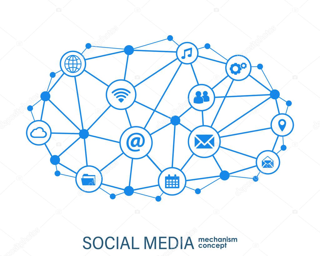 Social media connection concept. Abstract background with integrated circles and icons for digital, internet, network, connect, communicate, technology, global concepts. Vector infograp illustration.