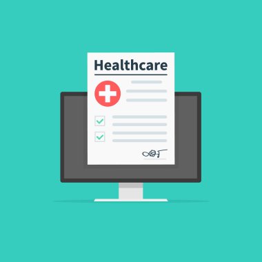 Sağlık ve tıbbi sınav ve online konsültasyon kavramı. Klinik kayıt, reçete, iddia, tıbbi onay işaretleri rapor, sağlık sigortası kavramları. Sınıf kalitesi. Vektör çizim.