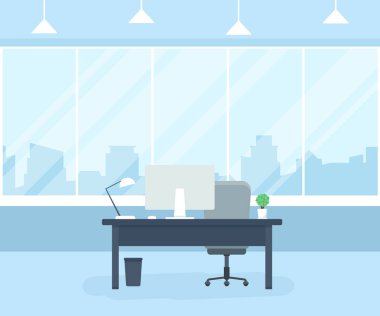 Ofis İşyeri masa, bilgisayar, pencere ve lamba. Coworking ofisi. Düz vektör çizim.