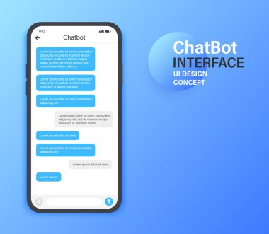Chatbot mobil UI tasarım konsepti. SMS Messenger. Mesajla çevrimiçi konuşma. Vektör illüstrasyonu.