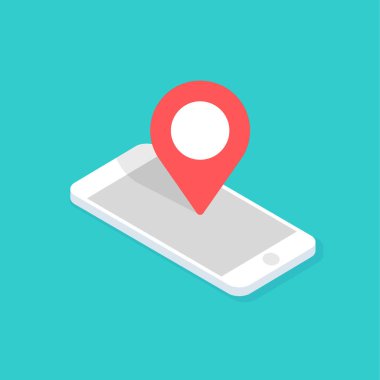 Cep Telefonunda GPS navigasyon uygulama. İzometrik smartphone üzerinde mavi arka plan izole. Takip sistemi. Vektör çizim.