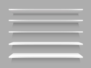 Boş beyaz dükkanı raf, gerçekçi bookshelf dikdörtgen, vitrin mağaza. Vektör çizim.