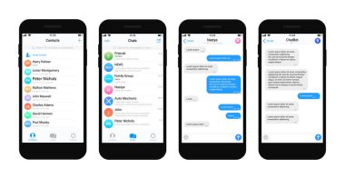 Gerçekçi mobil mesajlaşma uygulaması messenger kavramı. Minimalist akıllı telefon ekran mockup. Şablon sosyal ağ kullanıcı arabirimi ve Ux tasarım.