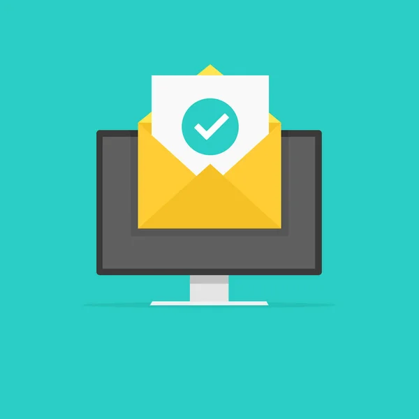 Envelope com documento marca de verificação verde. Entrega de e-mail bem sucedida, confirmação de entrega de e-mail. Ilustração vetorial . — Vetor de Stock