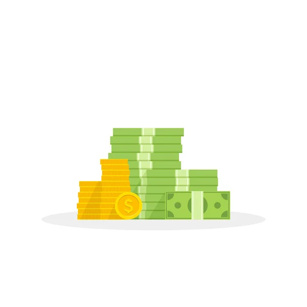 Stor hög med pengar och mynt, högen av cash platta tecknad stil. Vektorillustration. — Stock vektor