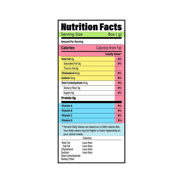 Valeur nutritive étiquette pour la boîte. Valeur quotidienne ingrédient calories, cholestérol et lipides en grammes et en pourcentage. Conception plate, illustration vectorielle sur fond . — Image vectorielle