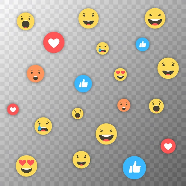 Seperti hati dan ikon emoji. Video streaming langsung, obrolan, suka, emoji. Empathetic Emoji Reactions. Kelambu sosial, jempol biru seperti dan tombol web jantung merah. Ilustrasi vektor . - Stok Vektor