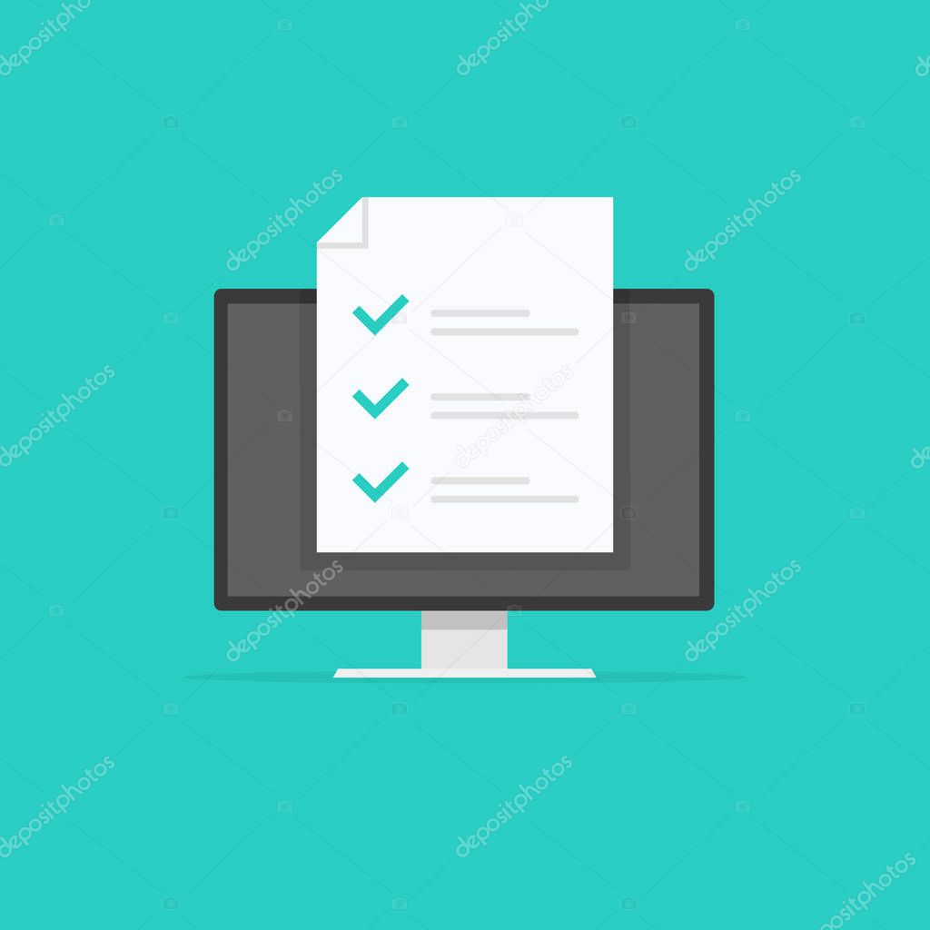 Online form survey, monitor with showing long quiz exam paper sheet document icon, on-line questionnaire results, check list or internet test. Vector illustration.