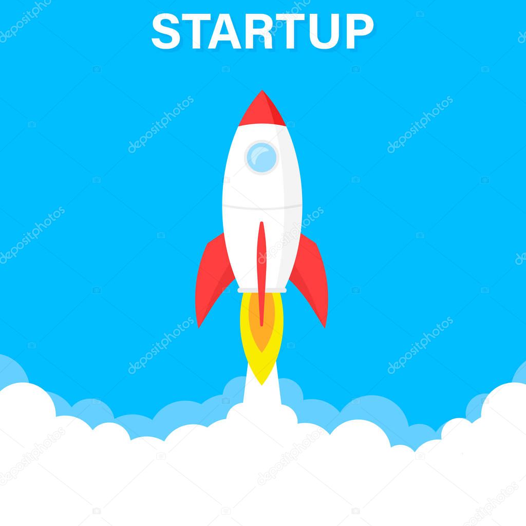 Startup business concept, rocket or rocketship launch, idea of successful business project start up,innovation strategy, boost technology, vector illustration creative background.