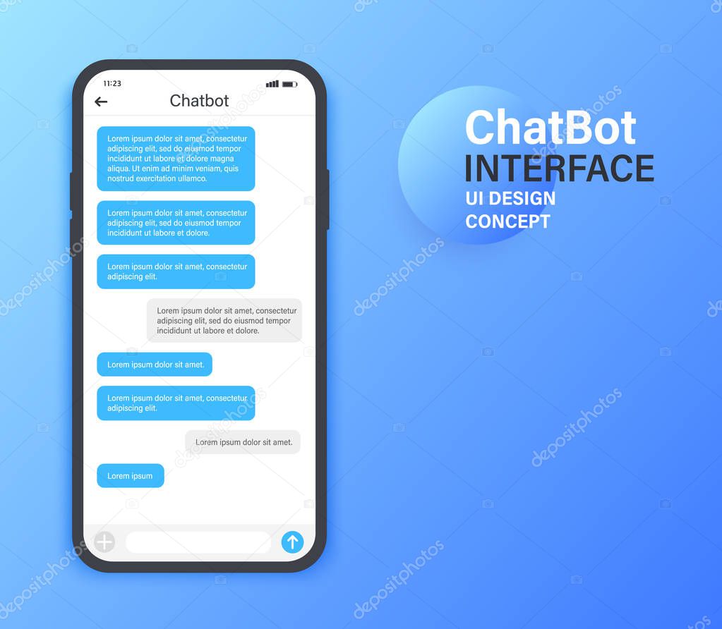 Chatbot mobile UI design concept. Sms Messenger. Online conversation with texting message. Vector illustration