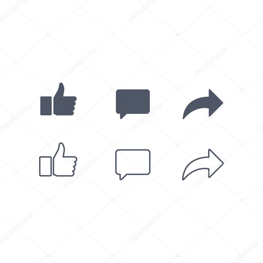 Thumbs up and with repost and comment icons on a white background. Social media icon, empathetic emoji reactions icon set.