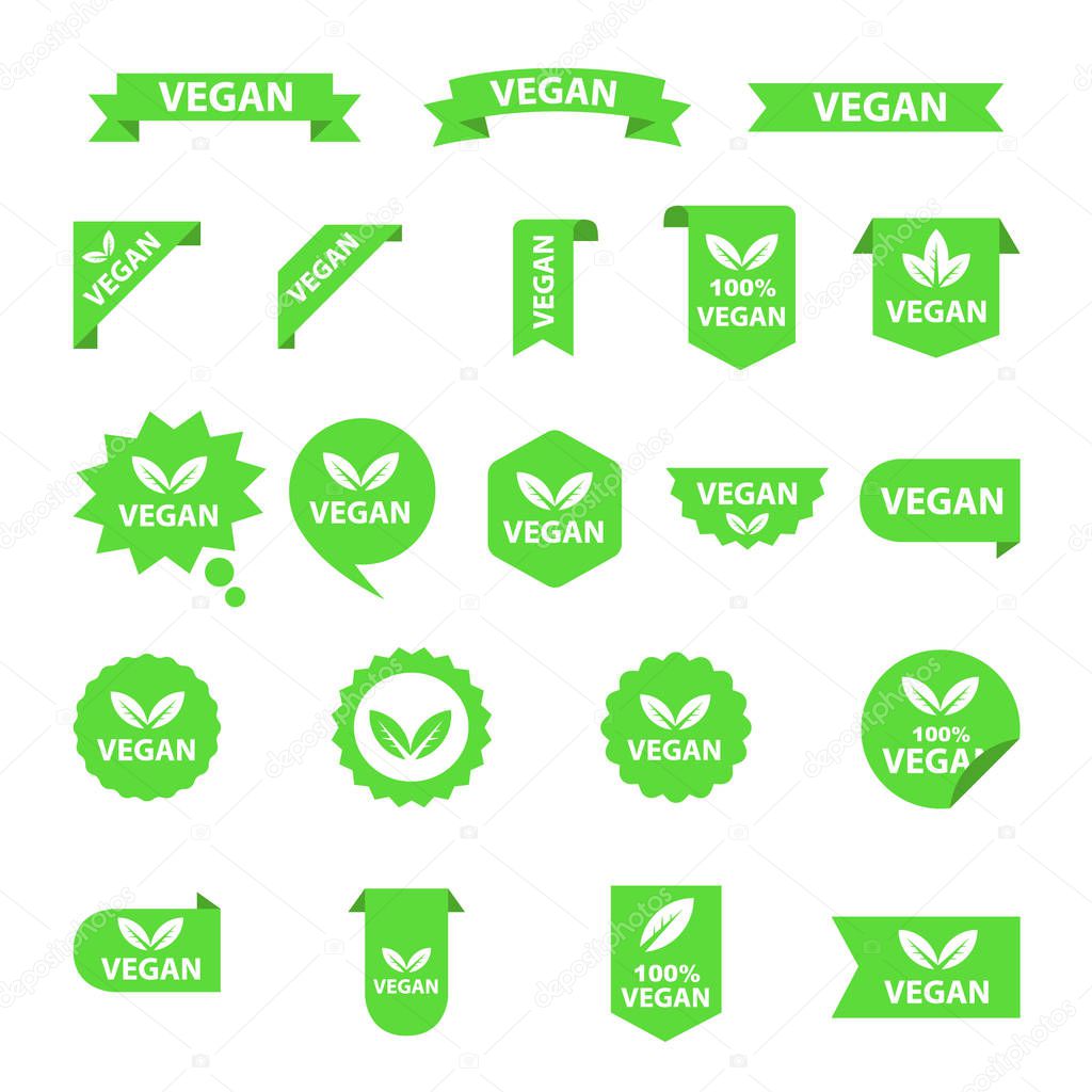 Vegan logos collection set, organic bio logos or signs. Raw, healthy food badges, tags set for cafe, restaurants, products packaging etc. Vector vegan sticker icons templates set.