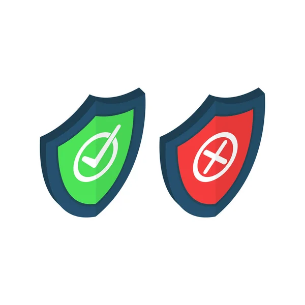 Schilden en vinkjes pictogrammen isometrische instellen. Rood en groen schild met vinkje en x-markering. Bescherm gevoelige gegevens, Internet beveiliging, betrouwbaarheids concepten. Vector illustratie op achtergrond. — Stockvector