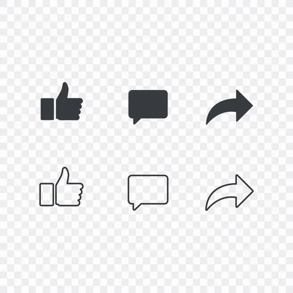 Pulgares hacia arriba y con republicar y comentar iconos sobre un fondo blanco. Icono de redes sociales, conjunto de iconos de reacciones emoji empáticas . — Vector de stock