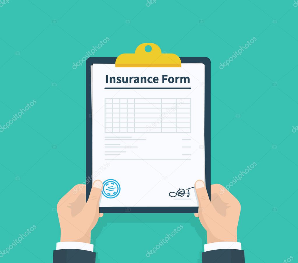 Man hold Insurance form clipboard with checklist. Questionnaire, survey, clipboard, task list. Flat design, vector illustration on background.