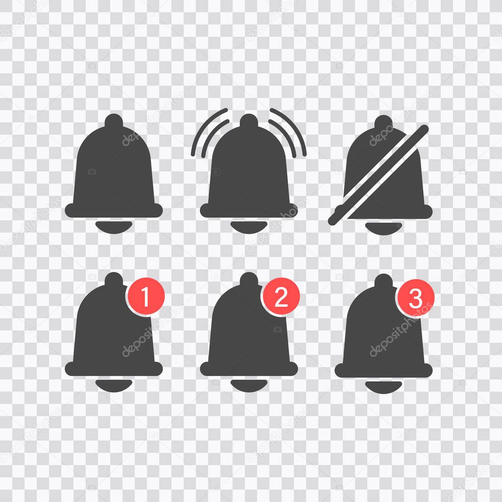 Notifications bell icons set with bell and different elements. For incoming inbox message. Modern vector illustration, flat design.