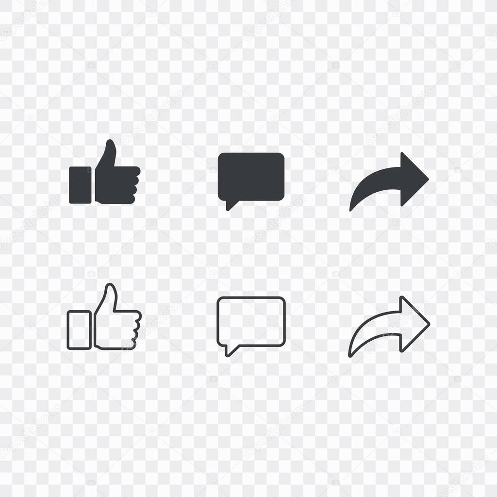 Thumbs up and with repost and comment icons on a white background. Social media icon, empathetic emoji reactions icon set