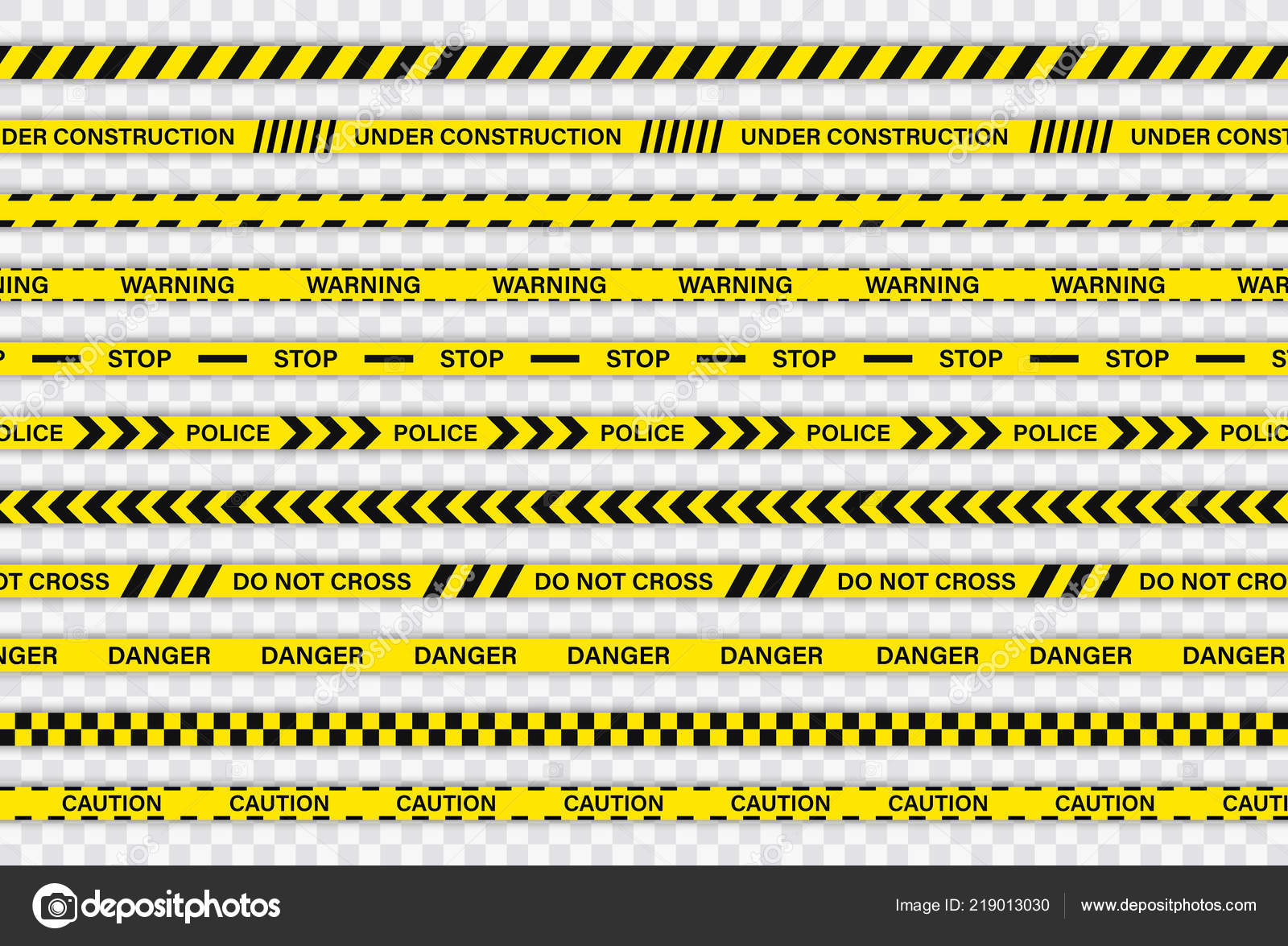 크리에이 티브 경찰 검은색과 노란색 줄무늬 테두리 라인. 경찰, 교차 하지 않는 건설, 경고, 정지, 위험. 위험 주의 원활한 테이프의  집합입니다. 범죄 장소입니다. 건설 로그인. 스톡 벡터 - ©Sergii19.i.ua 219013030, image size:1600x1175