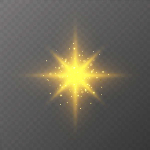 Étoile éclatée, effet de lumière éclatante transparente. Étoile éclatée d'étincelles. Effet lumineux lumineux avec des rayons et des particules brillantes. Sur fond transparent . — Image vectorielle