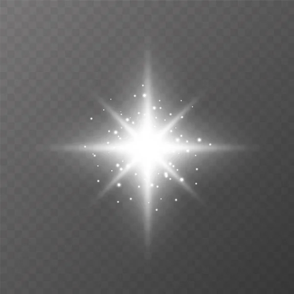 Étoile éclatée, effet de lumière éclatante transparente. Étoile éclatée d'étincelles. Effet lumineux lumineux avec des rayons et des particules brillantes. Sur fond transparent . — Image vectorielle