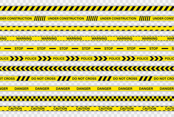 Креативная полиция очертила границу черной и желтой полосами. Полиция, Предупреждение, строится, не переходить, стоп, опасность. Набор опасных предупреждений бесшовные кассеты. Места преступлений. Строительный знак
.