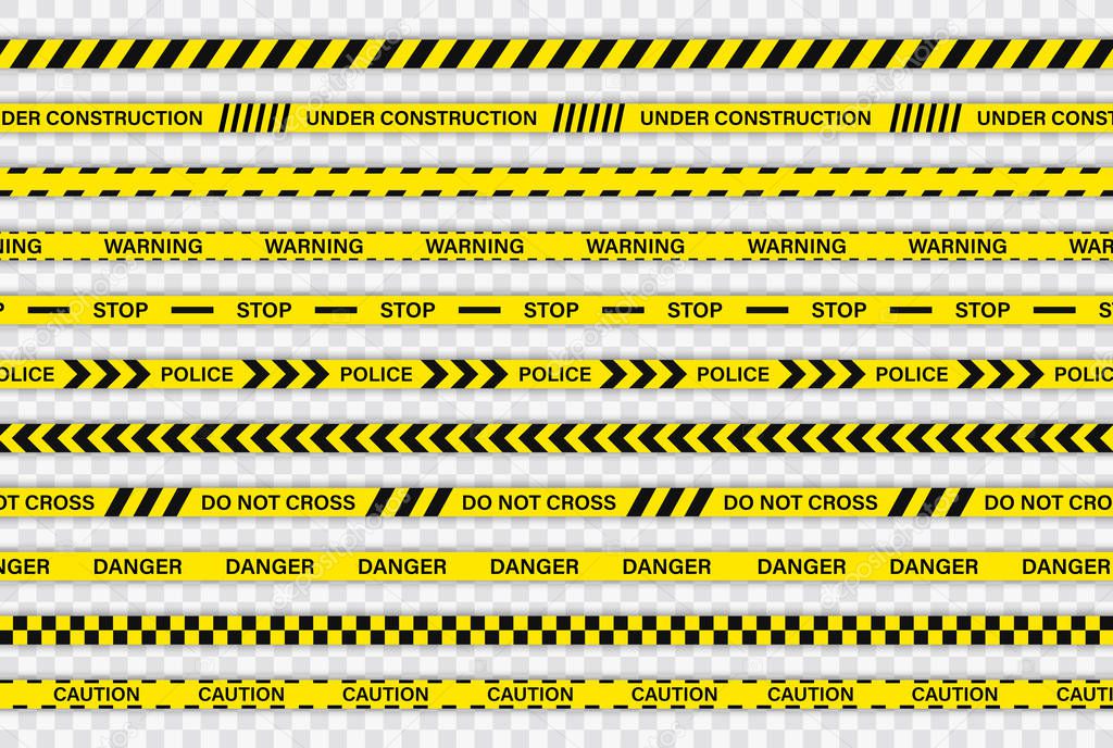 Creative Police line black and yellow stripe border. Police, Warning, Under Construction, Do not cross, stop, Danger. Set of danger caution seamless tapes. Crime places. Construction sign.