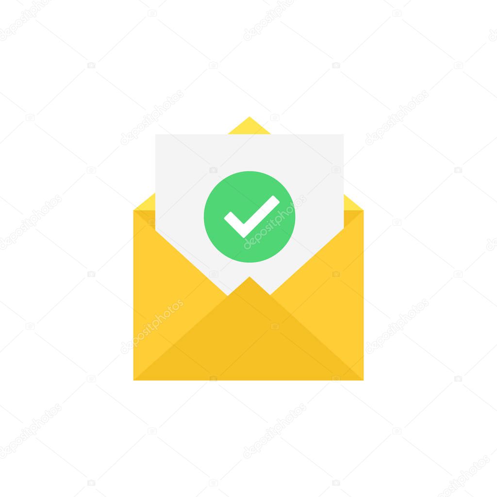 Envelope and document and round green check mark icon. Vector illustration.