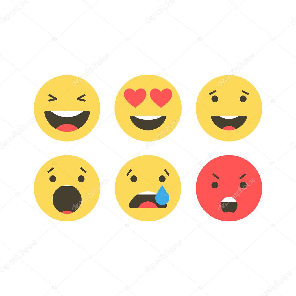 Set of emoji icons. Funny faces with different emotions. Emoji flat style icons on white background. Social media reactions Vector illustration.