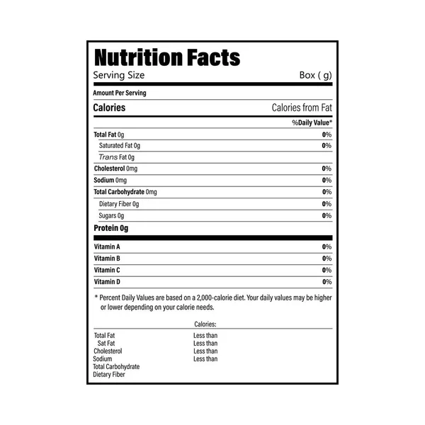 Etiqueta de información nutricional para caja. Valor diario ingrediente calorías, colesterol y grasas en gramos y por ciento. Diseño plano, ilustración vectorial sobre fondo . — Archivo Imágenes Vectoriales