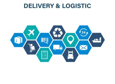 Dağıtım ve lojistik kavramı. Hızlı teslimat. Web simge seti. Lojistik, Servisi, nakliye, dağıtım, taşıma, Pazar kavramları. Vektör çizim.