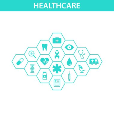 Sağlık kavramı. Soyut altıgenler tıp, sağlık, strateji, bakım, tıp, sağlık, çapraz, dna, poster, web afiş için simgeleri ile tıp ve bilim arka plan şekli. Vektör çizim.