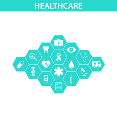 Sağlık kavramı. Soyut altıgenler tıp, sağlık, strateji, bakım, tıp, sağlık, çapraz, dna, poster, web afiş için simgeleri ile tıp ve bilim arka plan şekli. Vektör çizim.