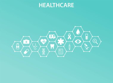 Sağlık kavramı. Soyut altıgenler tıp, sağlık, strateji, bakım, tıp, sağlık, çapraz, dna, poster, web afiş için simgeleri ile tıp ve bilim arka plan şekli. Vektör çizim.