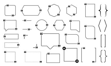 Blok alıntı kümesi. Çerçeveleri ve tırnak işaretleri koleksiyonu alıntı. Bilgi. Boş şablon teklif ve yorum metin çerçeve şablonu. Vektör çizim.