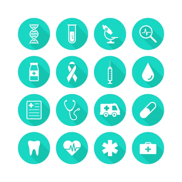 Set di icone sanitarie e mediche. Illustrazione vettoriale icone salute, croce, DNA, tablet. Collezione icone moderne infografica e medicina . — Vettoriale Stock