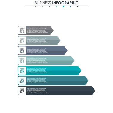 İş verileri, grafik. Grafiğin soyut öğeleri, 7 adımlı diyagram, strateji, seçenekler, parçalar veya süreçler. Sunu için vektör iş şablonu. Bilgi grafiği için yaratıcı konsept.