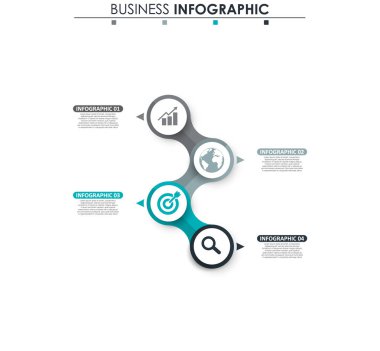 İş verileri, grafik. Grafiğin soyut öğeleri, 4 adımlı diyagram, strateji, seçenekler, parçalar veya süreçler. Sunu için vektör iş şablonu. Bilgi grafiği için yaratıcı konsept.